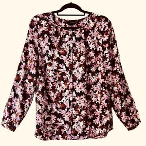 J. Jill L plum lavender brown floral button front long sleeve gathered back blou